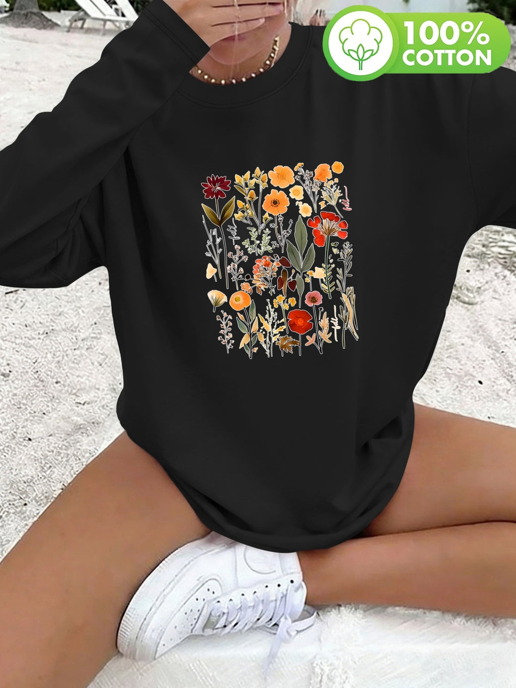 T-shirt grande taille à imprimé fleuri, manches longues, toucher naturel, détail du tissu