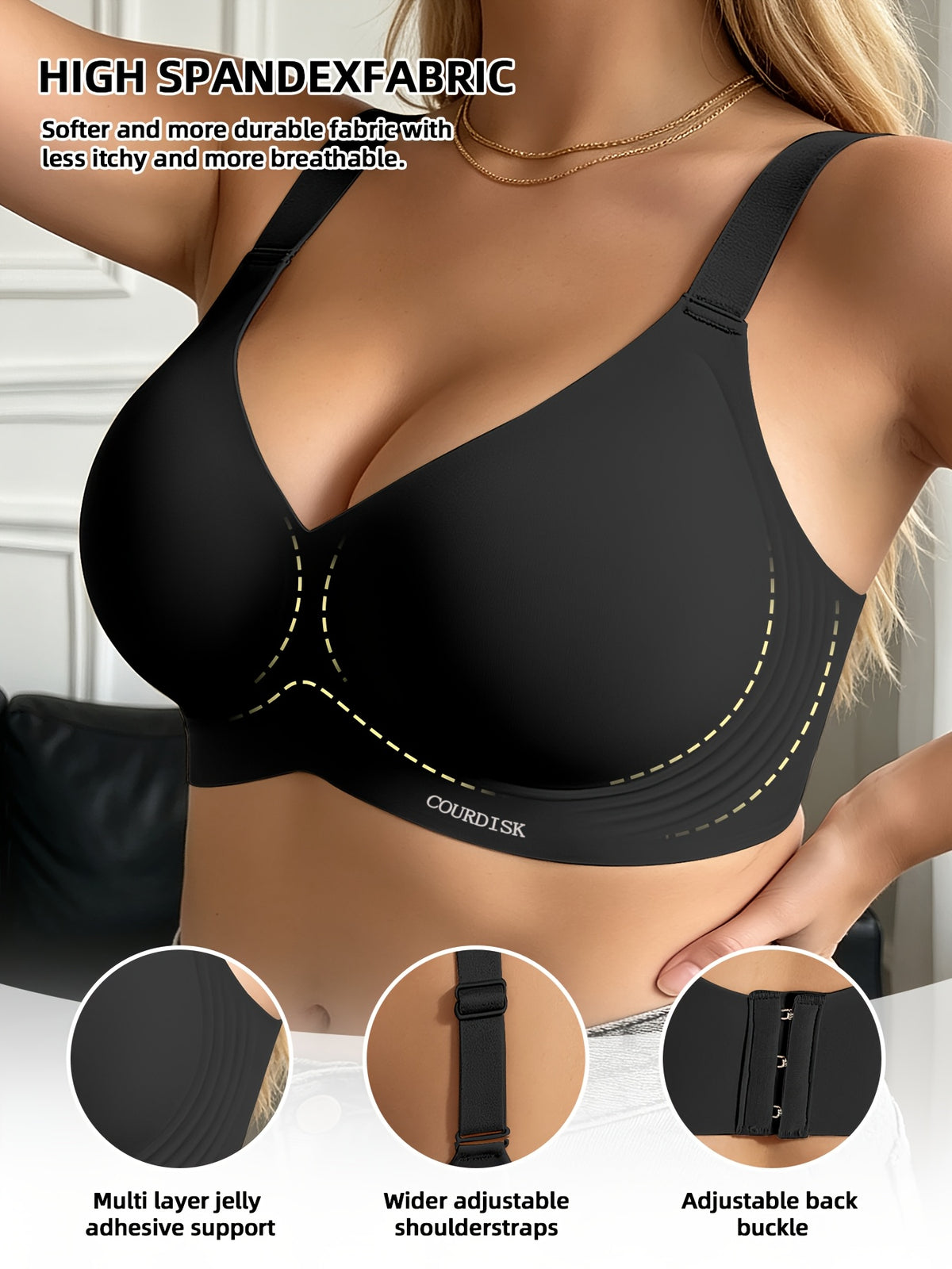 Soutien-gorge grande taille, coupe ample, ligne affirmée, porté de face