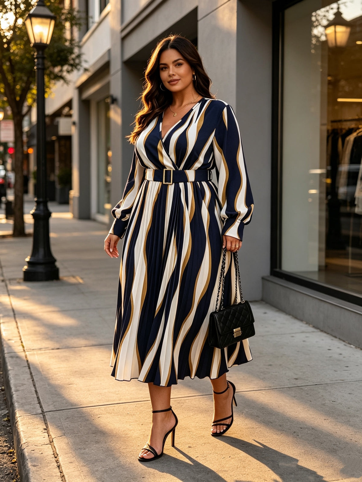 Robe midi grande taille, plissé soleil à rayures ondulées