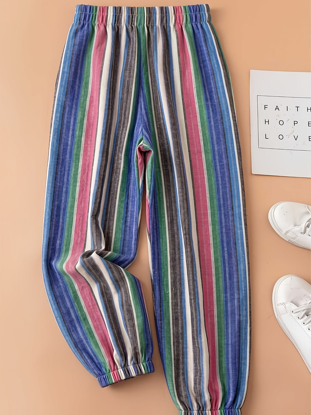 Pantalon grande taille à rayures, coupe droite, cordon, vue de profil