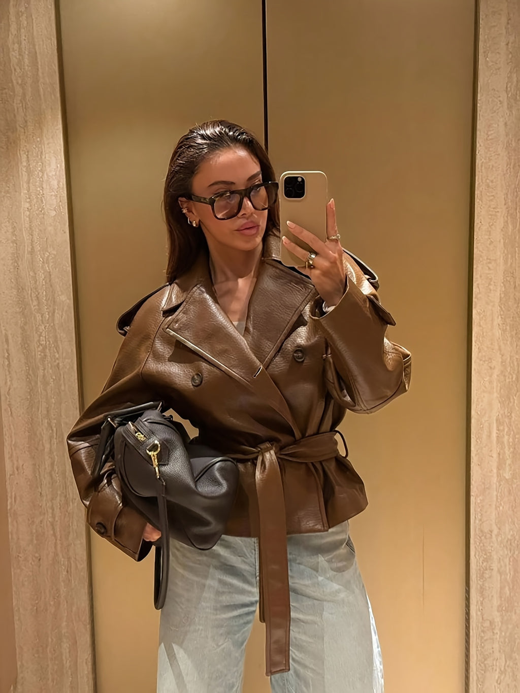Veste grande taille en cuir synthétique, col — composition : 100% Polyuréthane