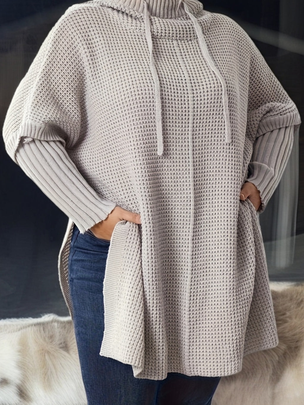 Pull grande taille, fente, chaleur d'hiver, porté de face