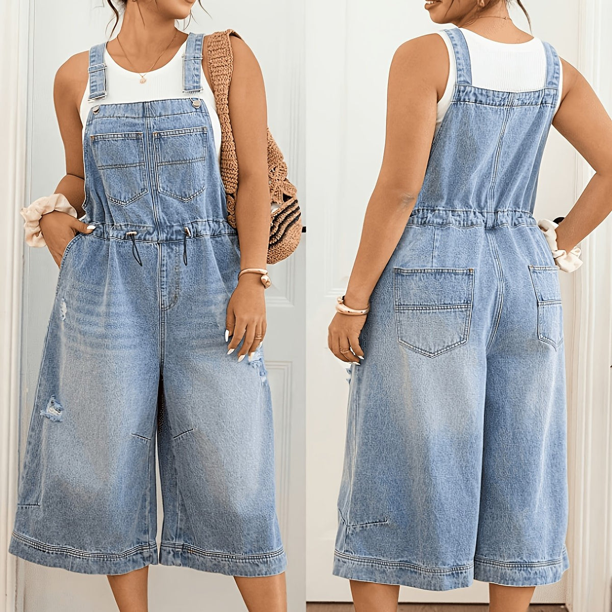 Salopette grande taille, coupe ample, tenue franche — matière : denim