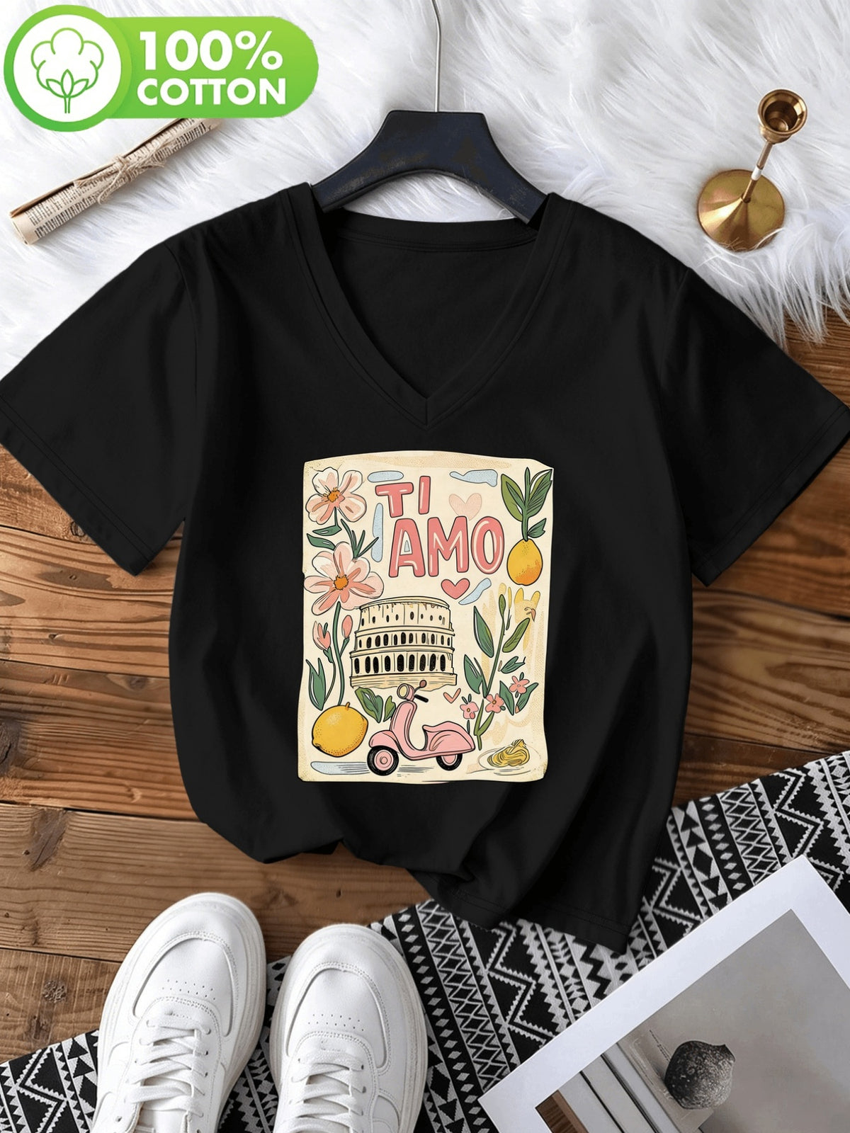 T-shirt grande taille, coupe ample, col V, manches courtes, autre coloris