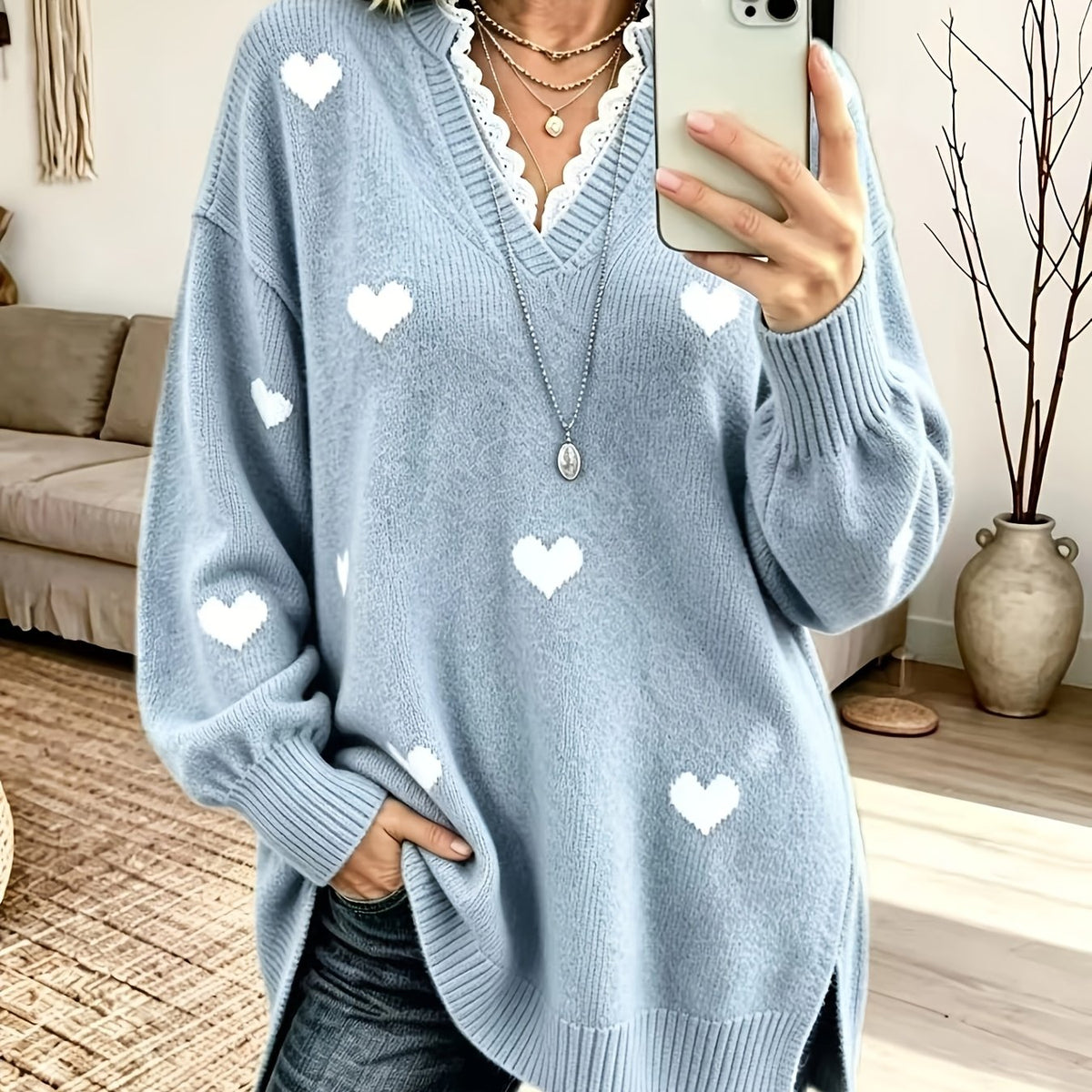Pull grande taille en dentelle, coupe oversize, effet ajouré, chaleur d'hiver — composition : 100% Polyester Image