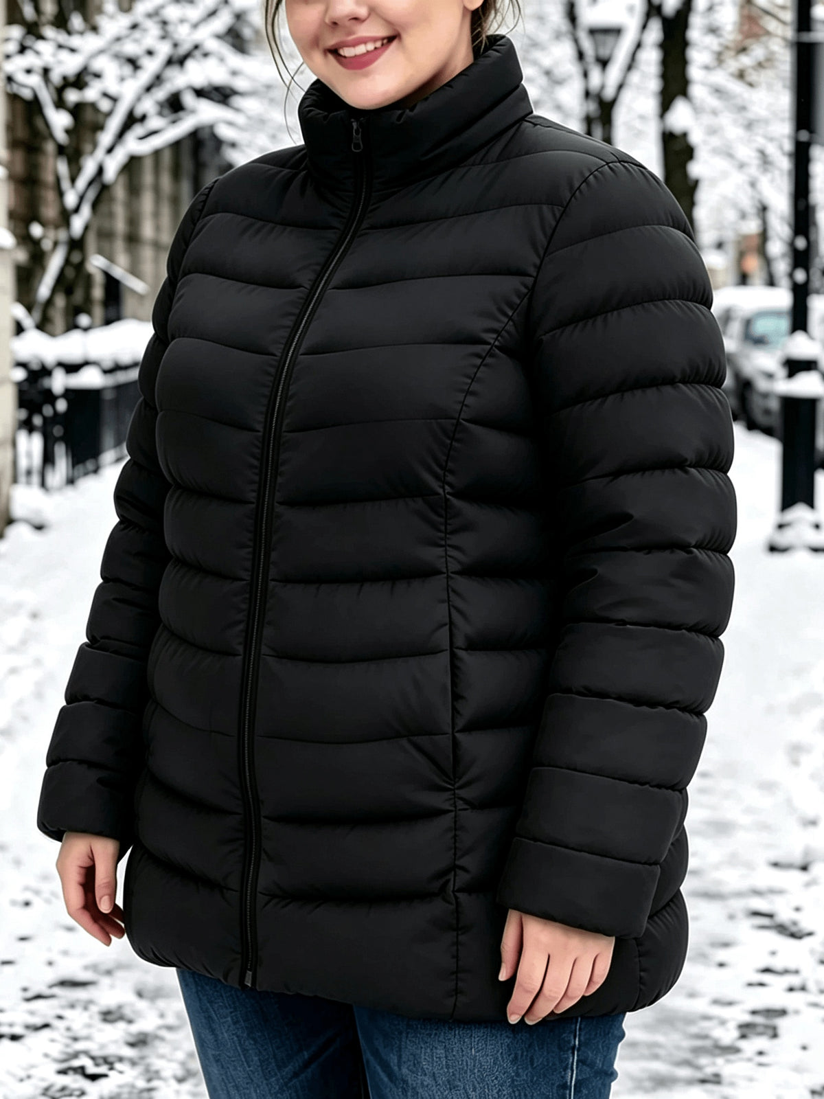 Veste grande taille, poches plaquées, fermeture zippée, chaleur d'hiver, tissu opaque