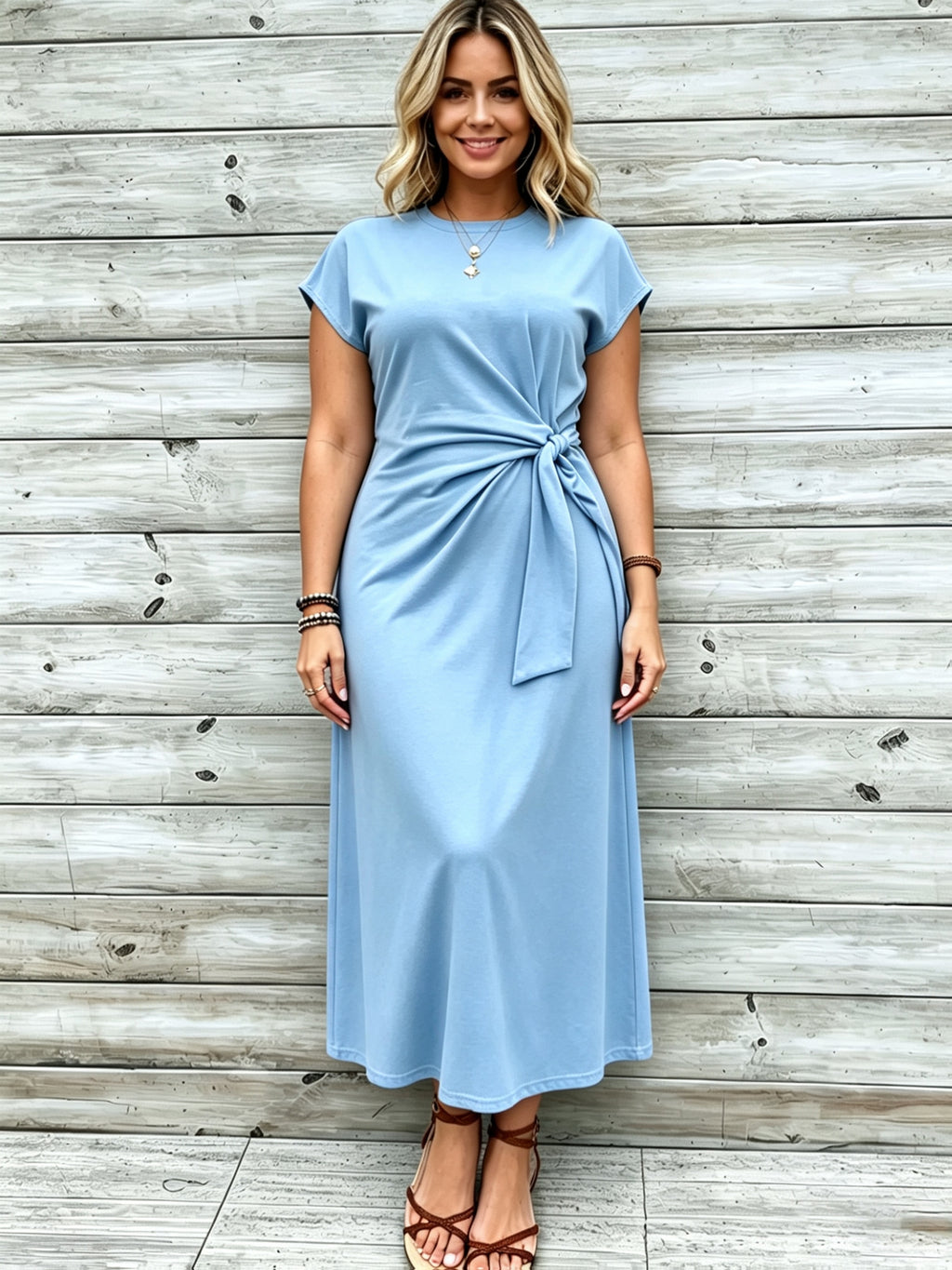 Robe longue grande taille — Jersey uni et nœud à la taille