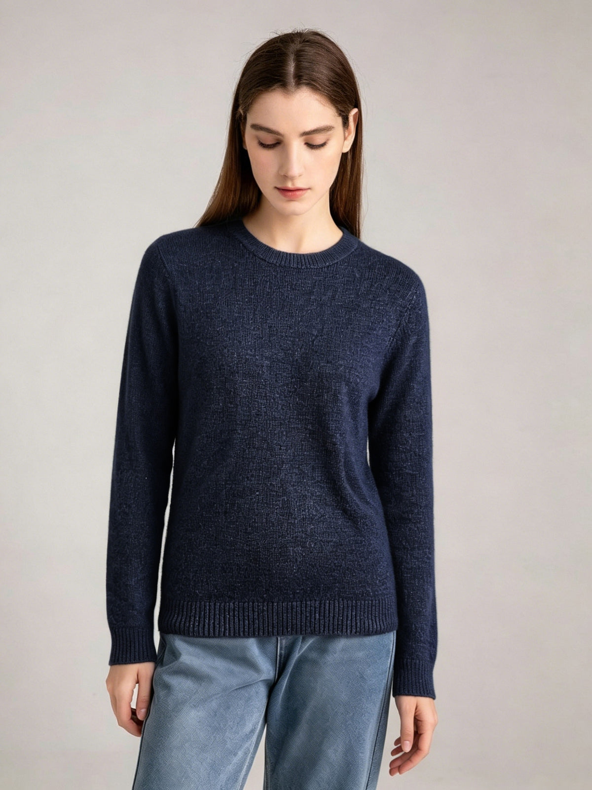 Top grande taille en laine, col rond, maille côtelée, manches longues, visuel produit