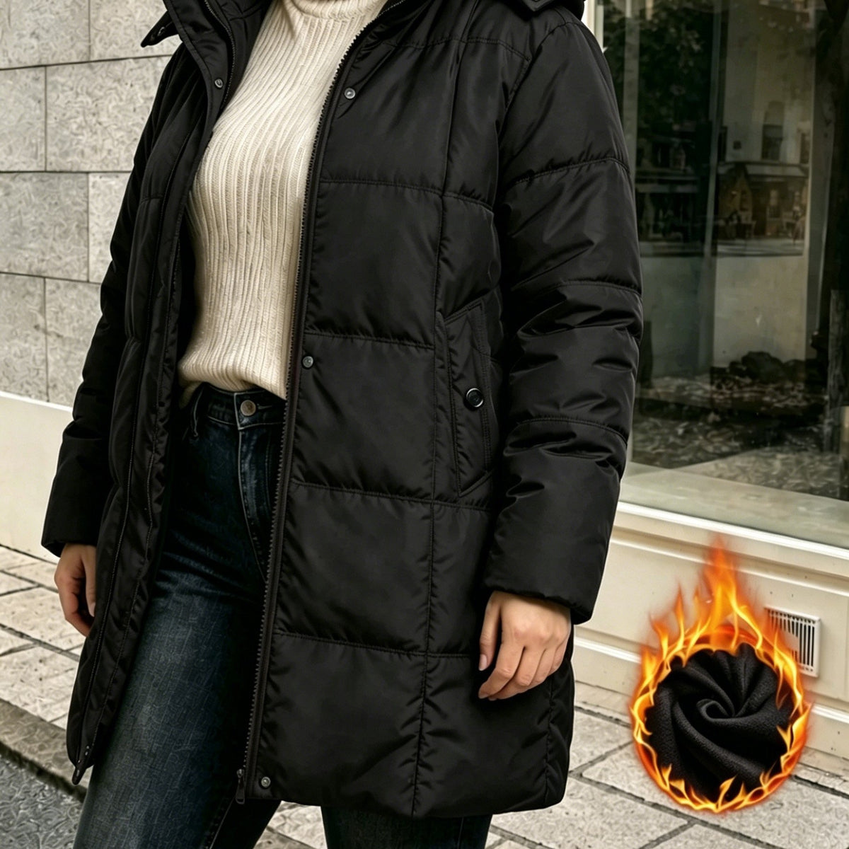 Veste grande taille, coupe oversize, longueur midi, capuche — matière : polyester Image