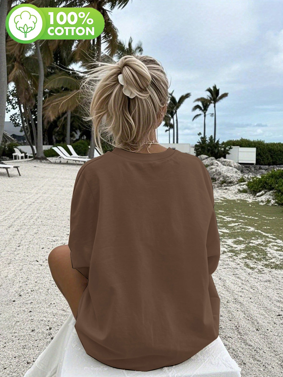 T-shirt grande taille, col rond, manches longues, toucher naturel, gros plan