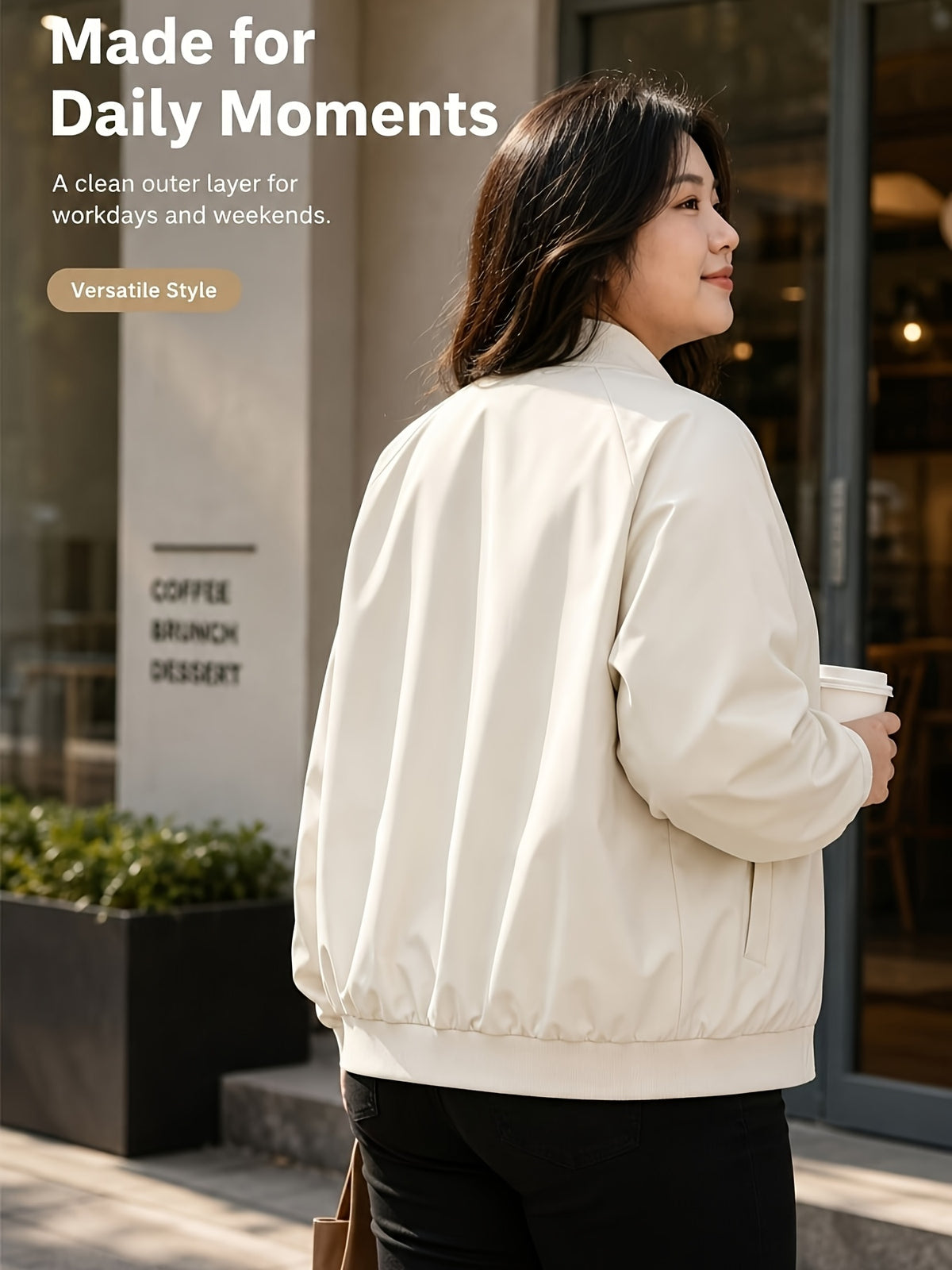 Veste grande taille, coupe oversize, fermeture zippée, porté de face
