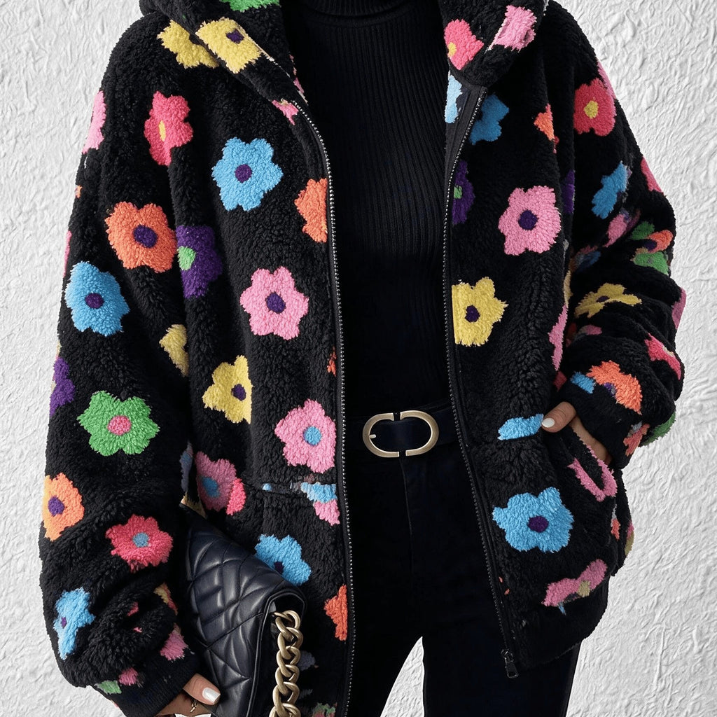 Manteau grande taille à imprimé fleuri, capuche, chaleur d'hiver — matière : polyester