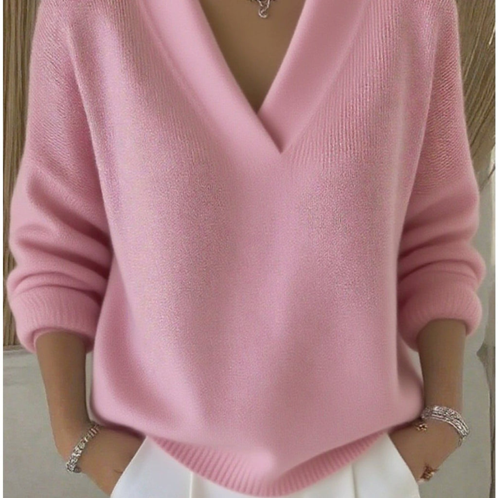 Pull grande taille, coupe oversize, col V, manches longues — composition : 100% Cachemire