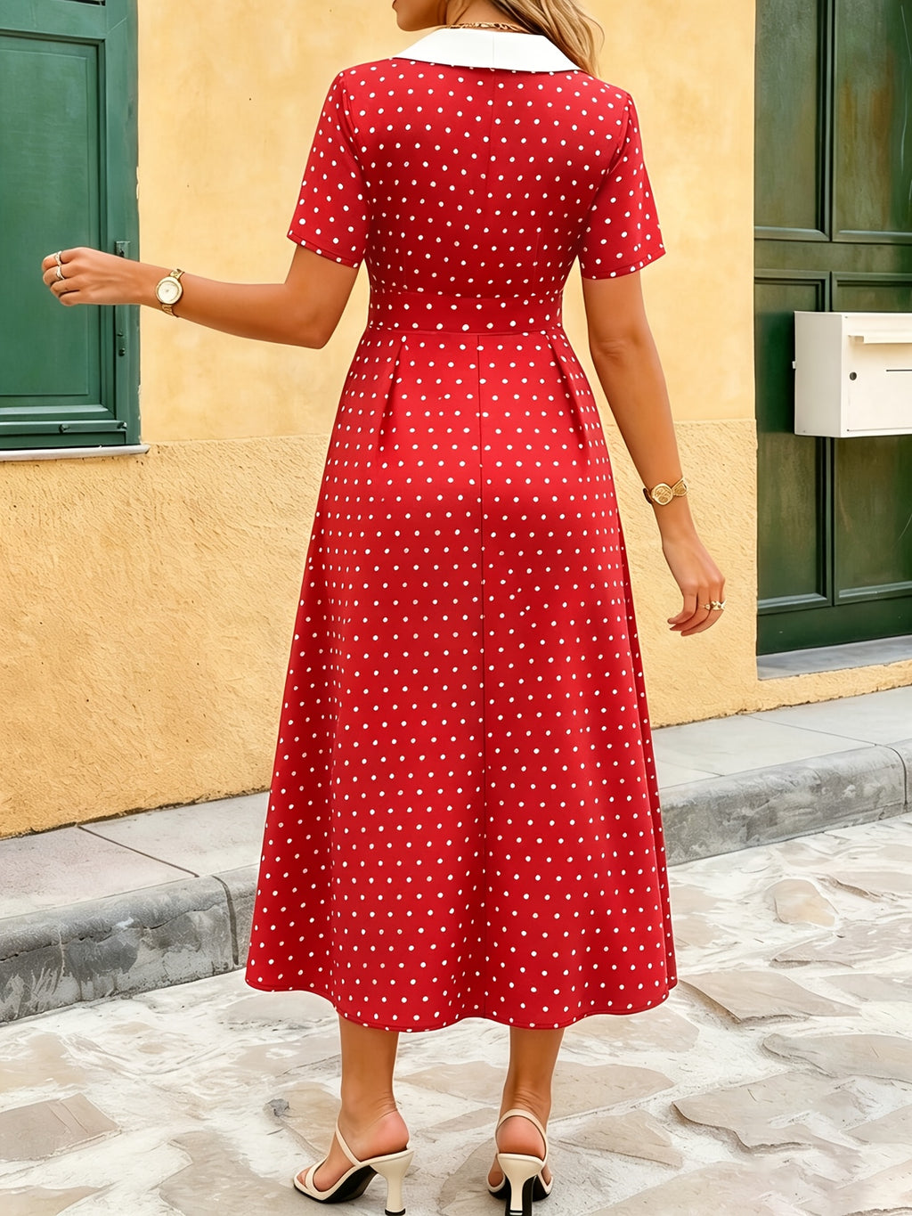 Robe midi grande taille — Imprimé à pois et revers blancs