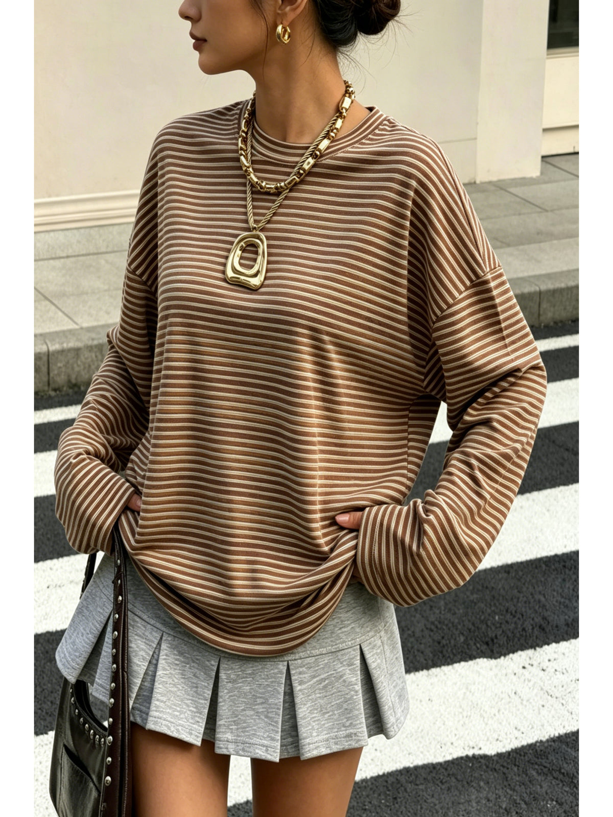 Top grande taille à rayures, coupe oversize, manches longues, tissu opaque