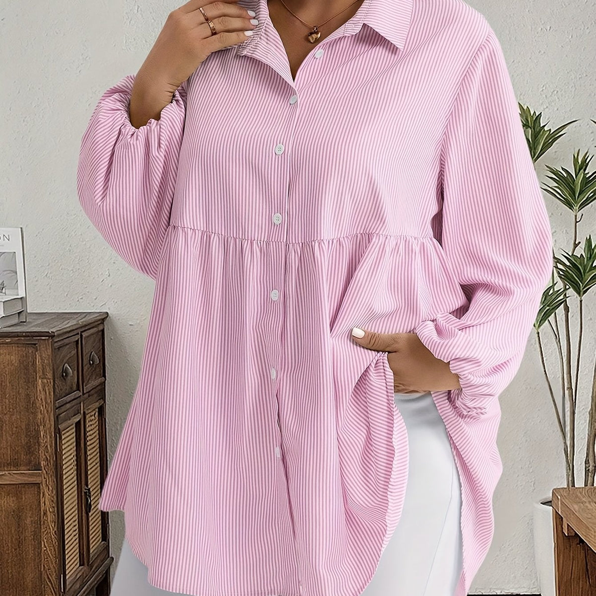 Chemise grande taille à rayures, col polo — composition : 100% Polyester Image