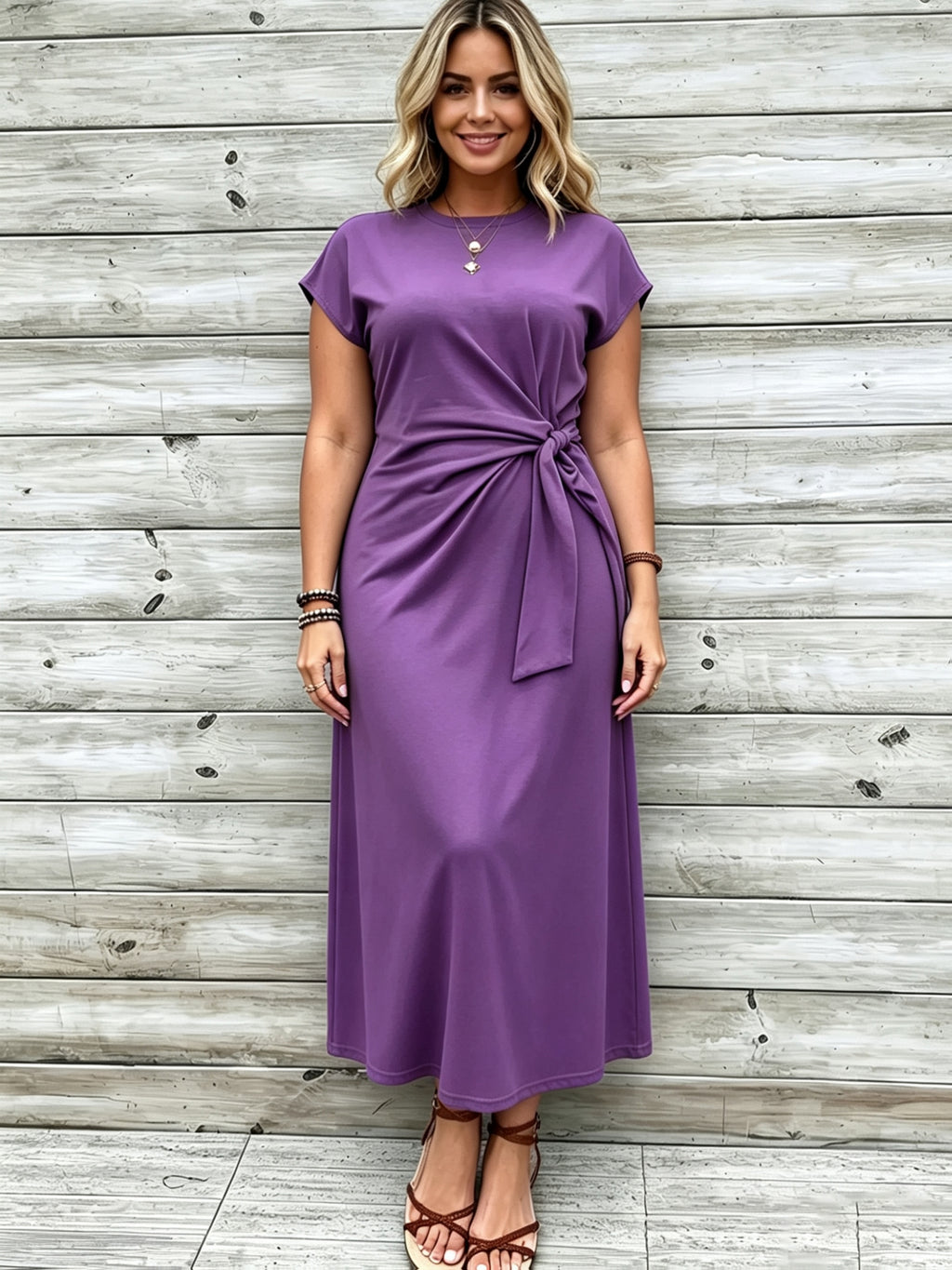 Robe longue grande taille — Jersey uni et nœud à la taille