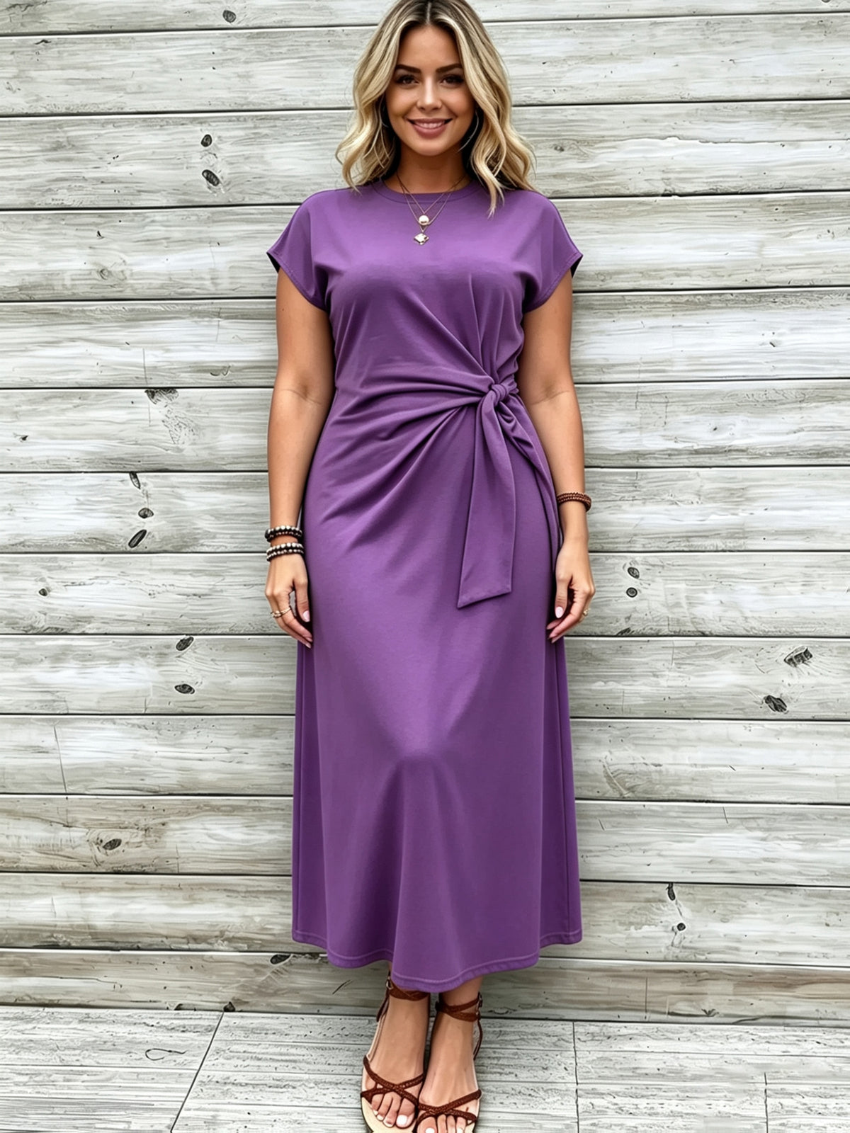 Robe longue grande taille — Jersey uni et nœud à la taille