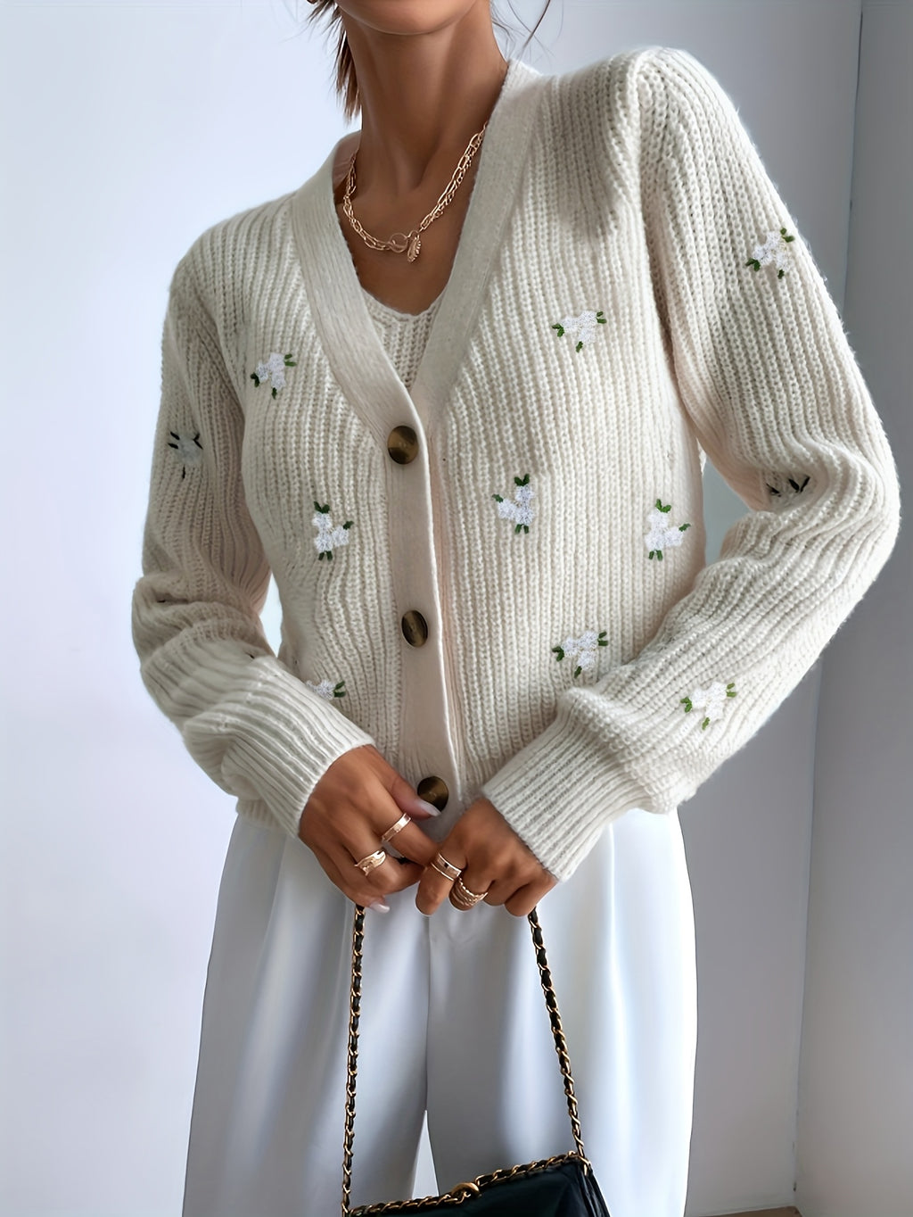 Cardigan grande taille à imprimé fleuri, coupe ample, col V, broderie, tissu opaque