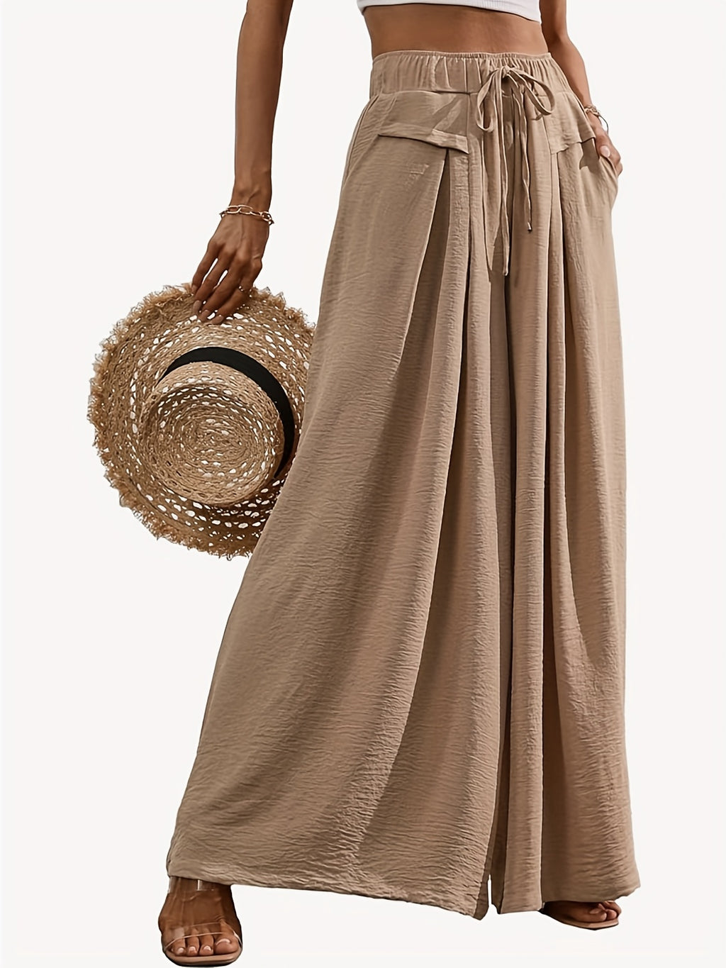 Pantalon grande taille, coupe évasée, cordon de serrage, vue de profil