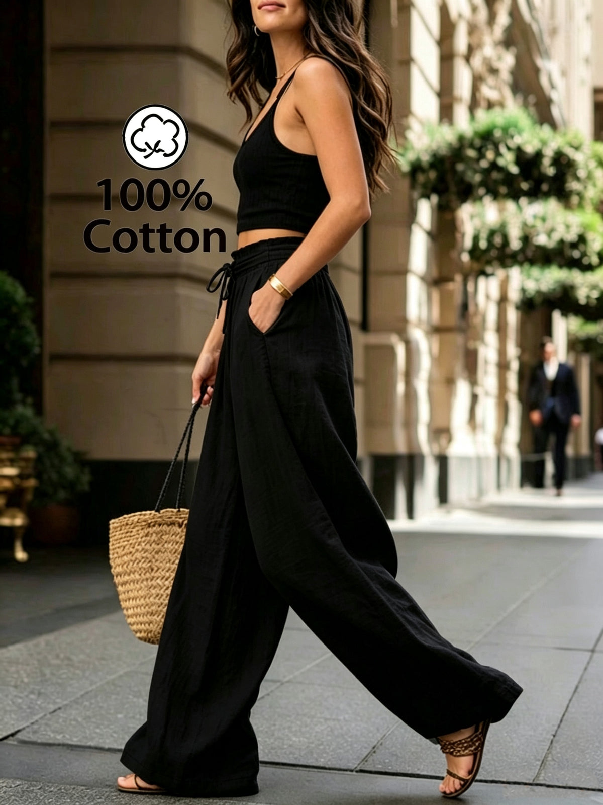 Pantalon en coton grande taille — Taille froncée et cordon