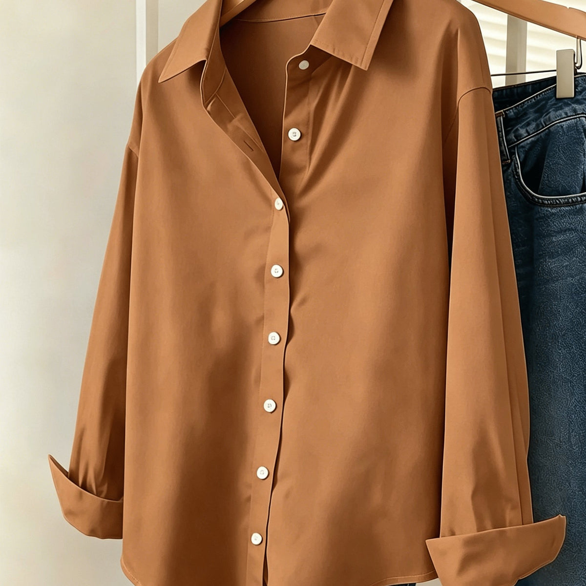 Chemise grande taille, col à revers, boutonnage, allure élégante — composition : 100% Polyester Image