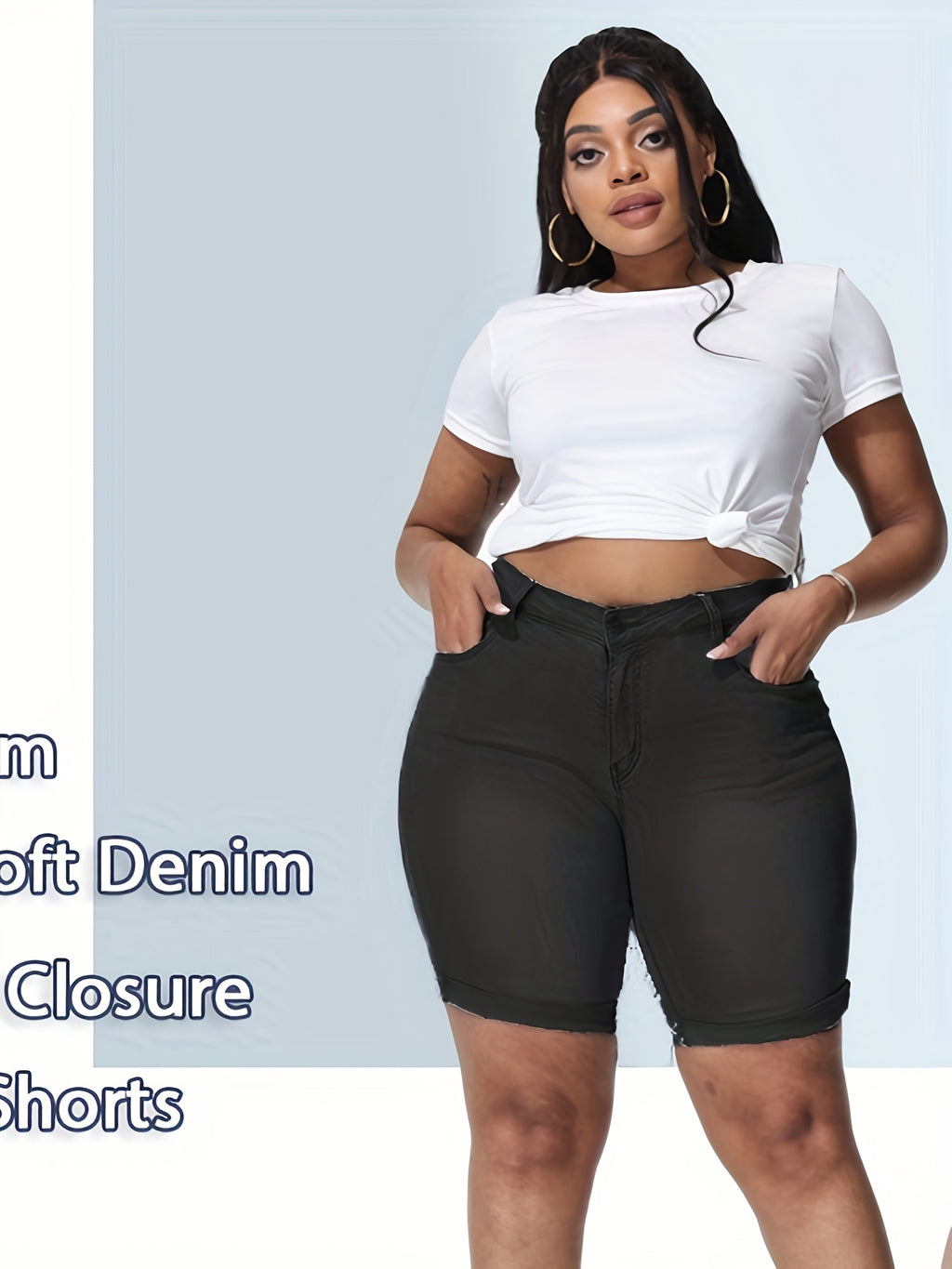 Short grande taille, coupe courte, tenue franche, gros plan