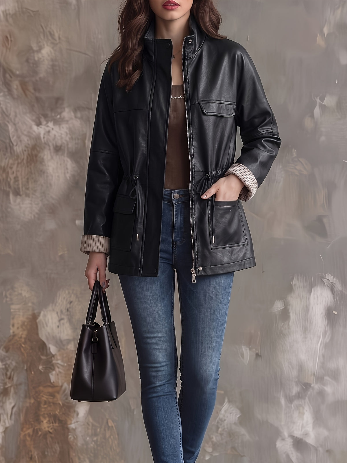 Veste grande taille en cuir synthétique, coupe ample, cordon, détail du col