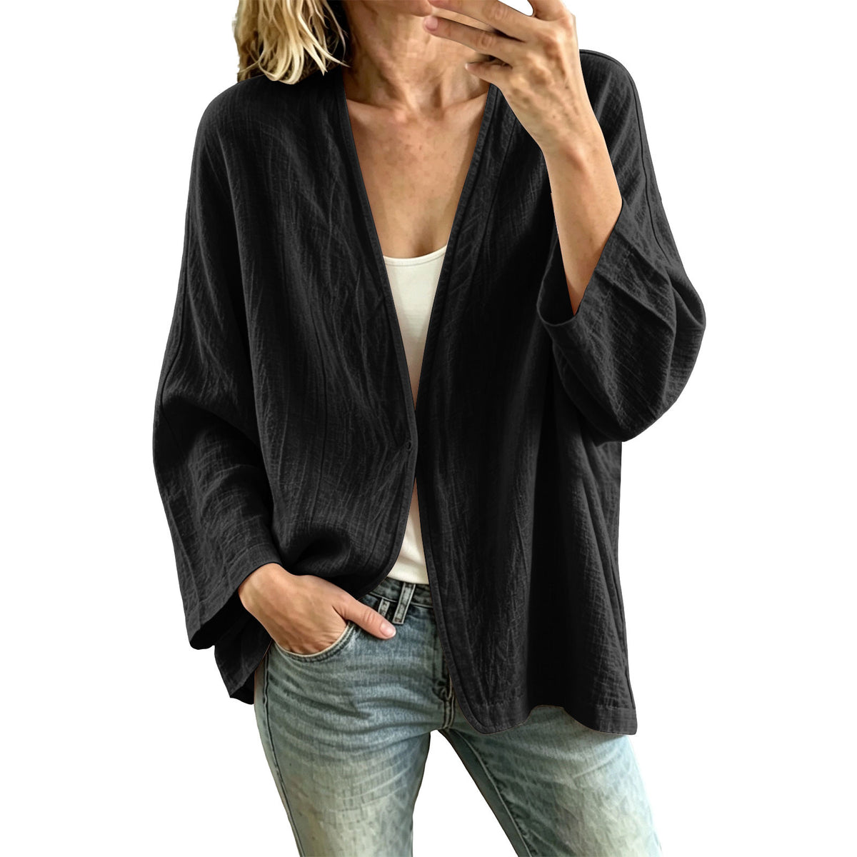 Veste grande taille en lin, coupe ample, encolure nette, manches longues, autre coloris