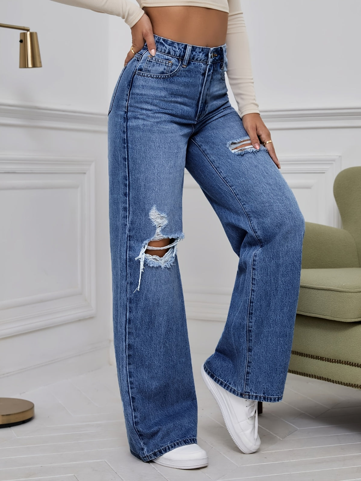 Jean grande taille, coupe évasée, tenue franche, jambe large, tissu opaque