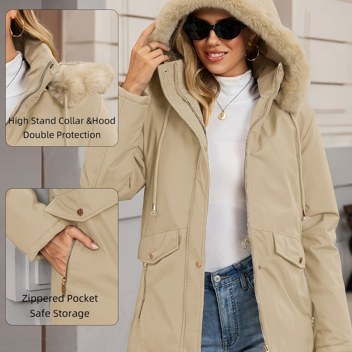 Veste grande taille, coupe oversize, longueur midi, capuche, tissu opaque