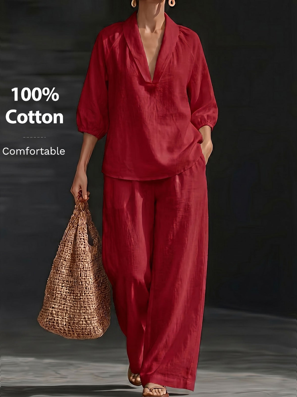 Ensemble grande taille, coupe ample, poches pratiques, toucher naturel, vu de dos