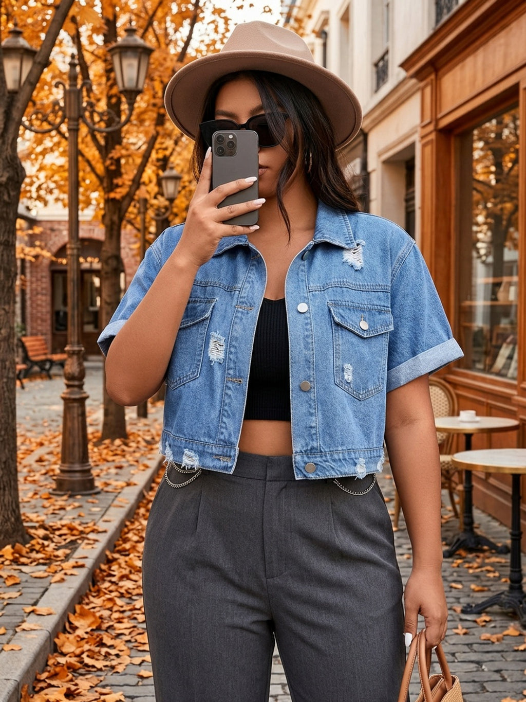 Veste grande taille, manches courtes, tenue franche, porté de face