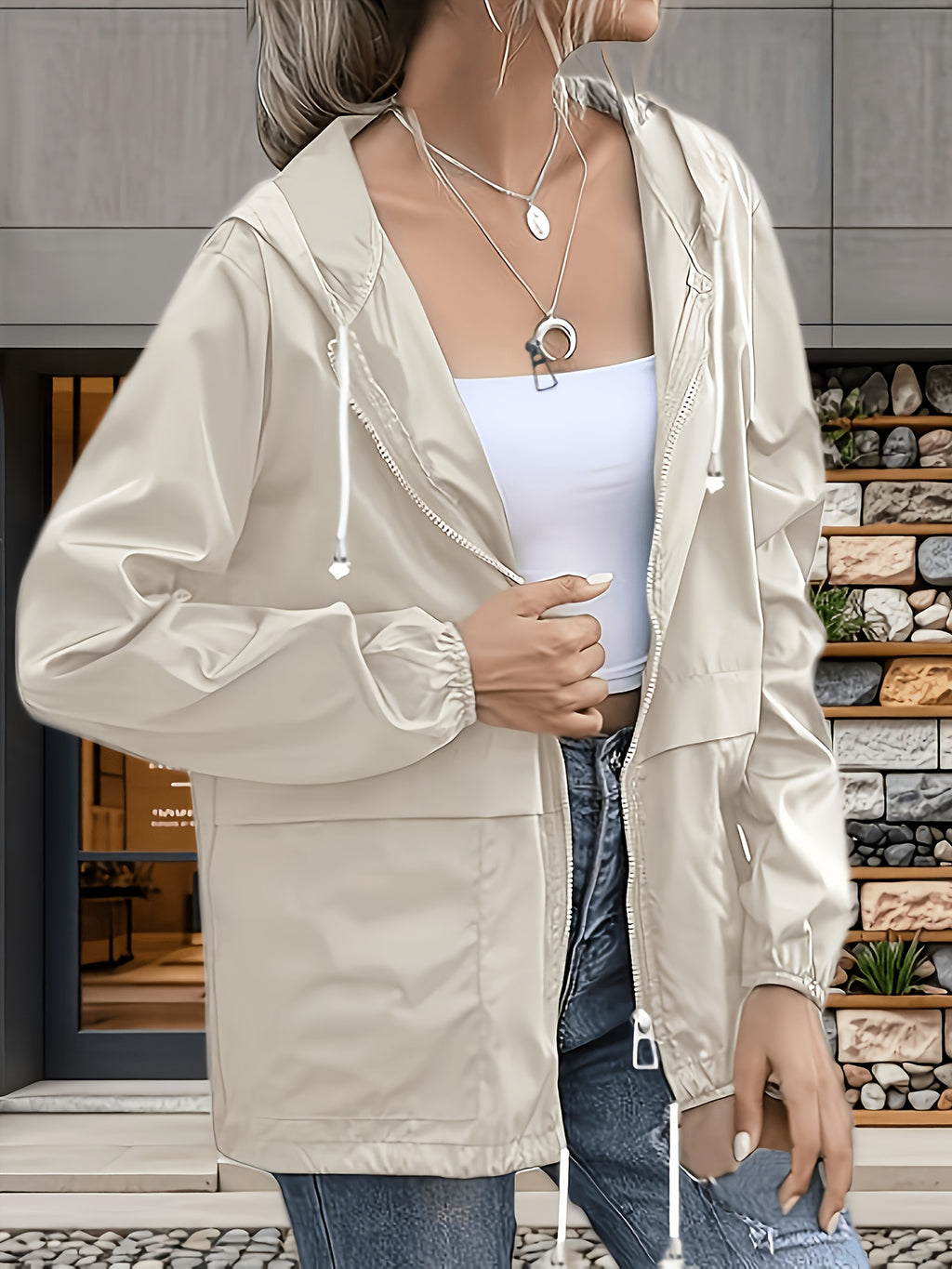 Top grande taille, coupe oversize, capuche, détail du col