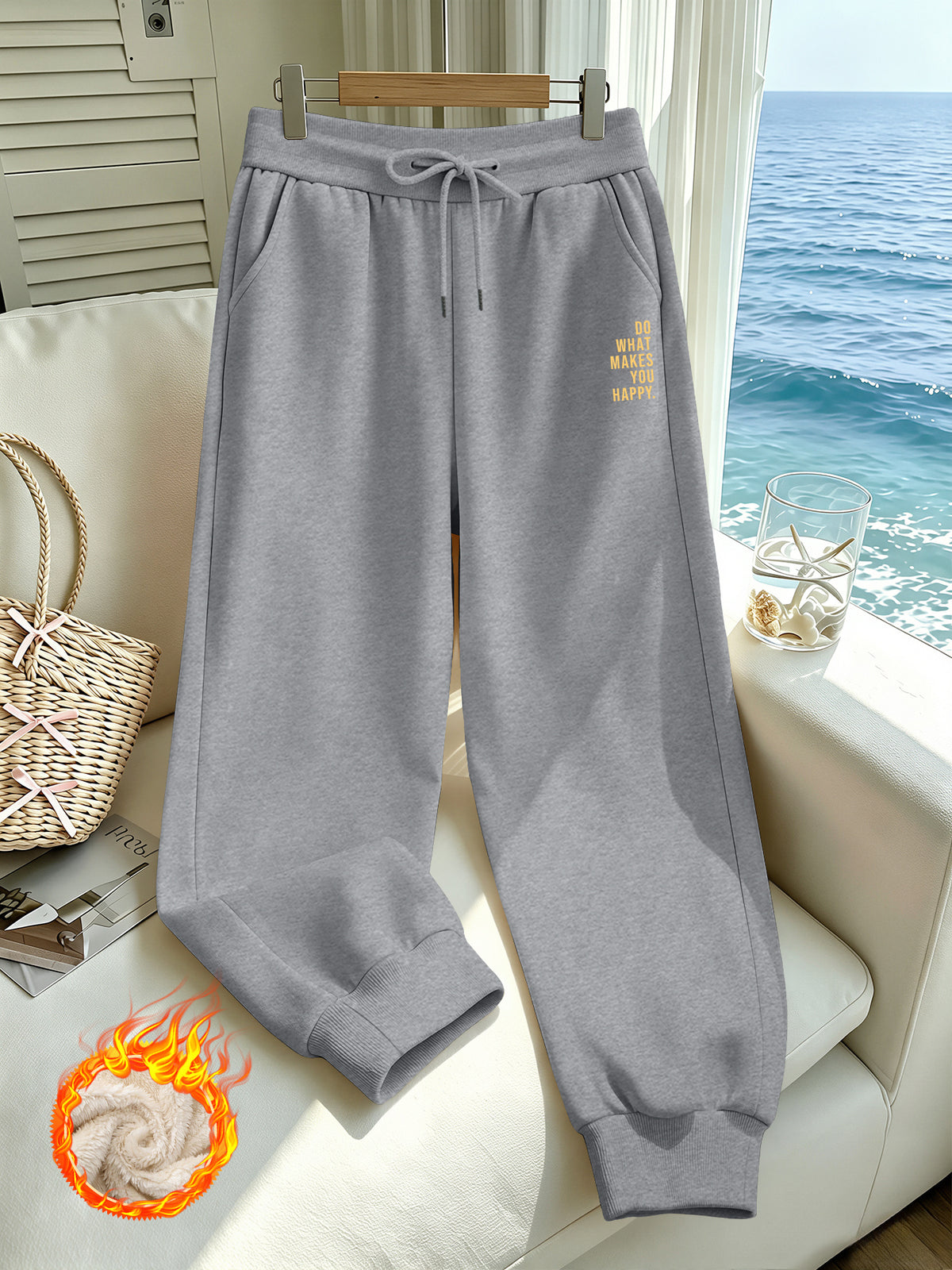 Pantalon grande taille, poches pratiques, chaleur d'hiver, porté de face