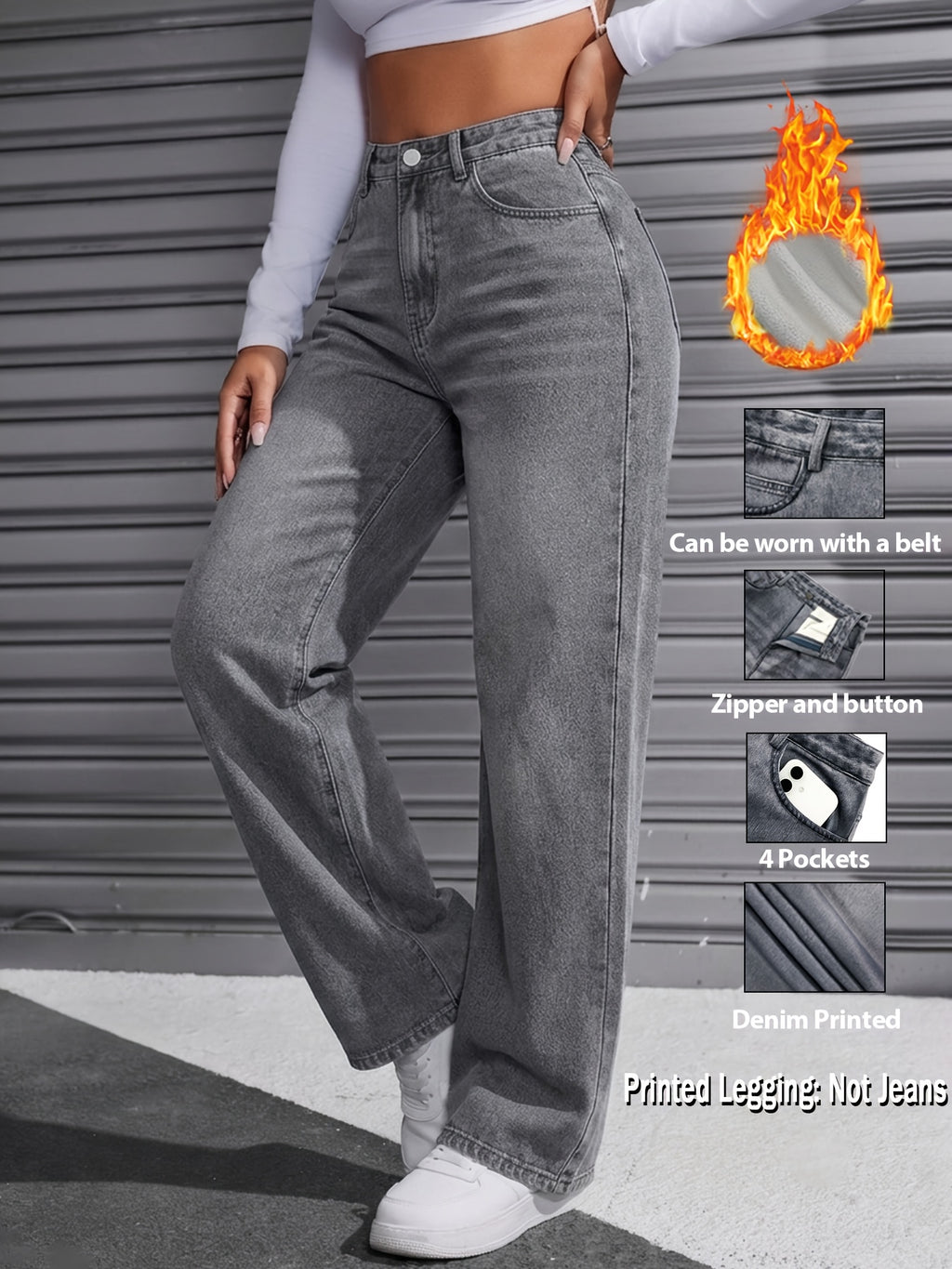 Pantalon grande taille, coupe évasée, fermeture zippée, tenue franche — matière : polyester