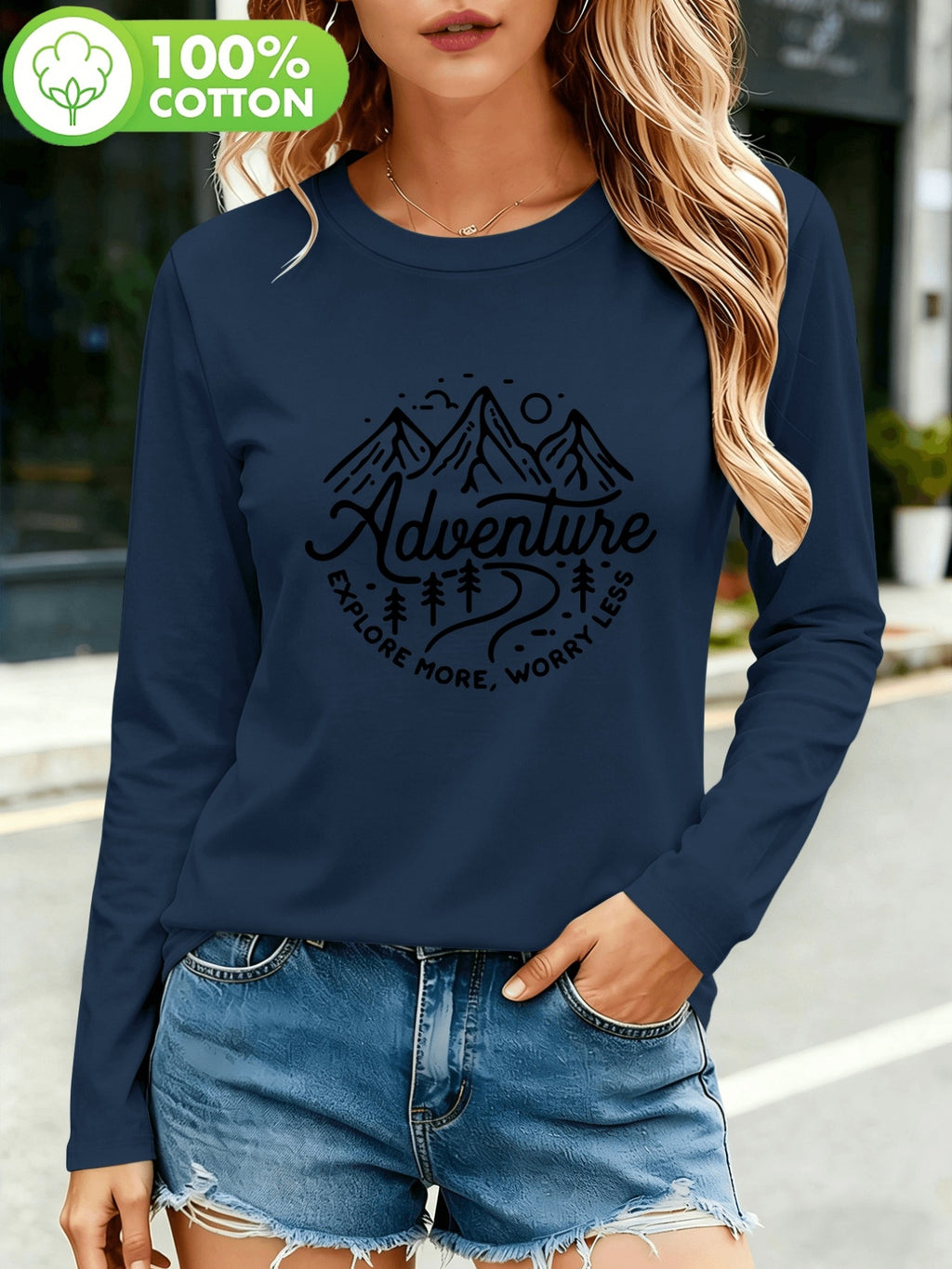 T-shirt grande taille, col rond, manches longues, toucher naturel, mise en situation