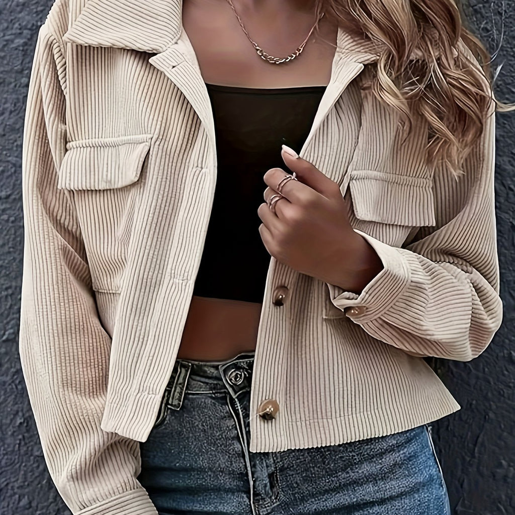 Veste grande taille en velours côtelé à rayures, coupe ample, col — matière : polyester