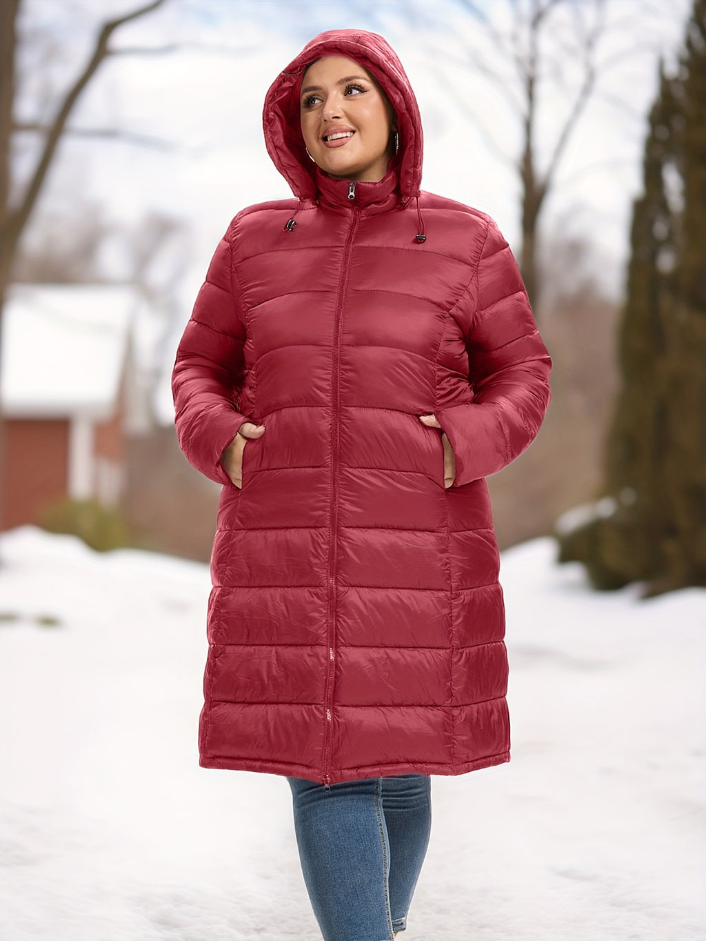 Manteau grande taille, col mao, capuche, chaleur d'hiver, détail du tissu
