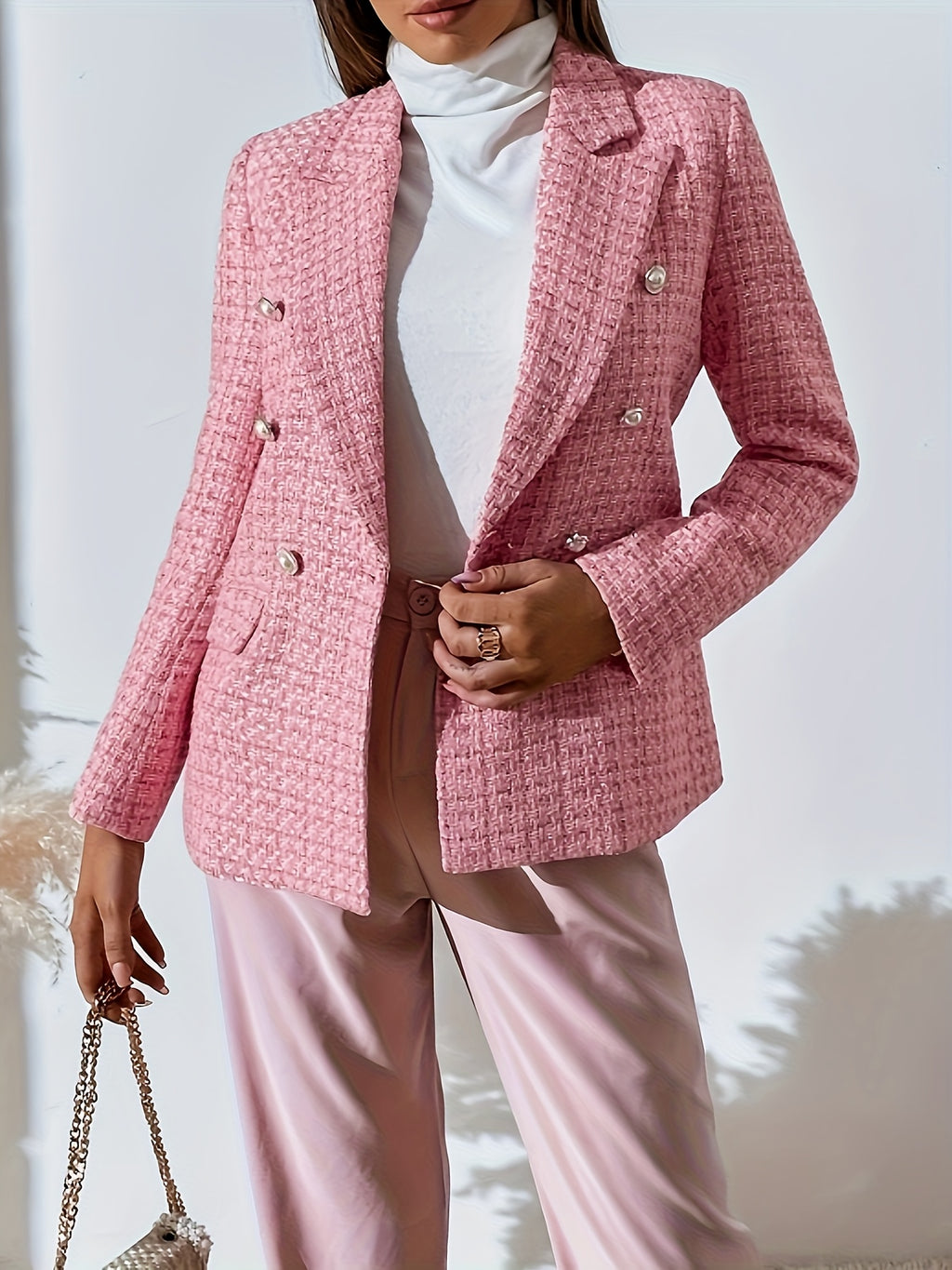Blazer grande taille en tweed, doublure, tenue structurée, porté de face