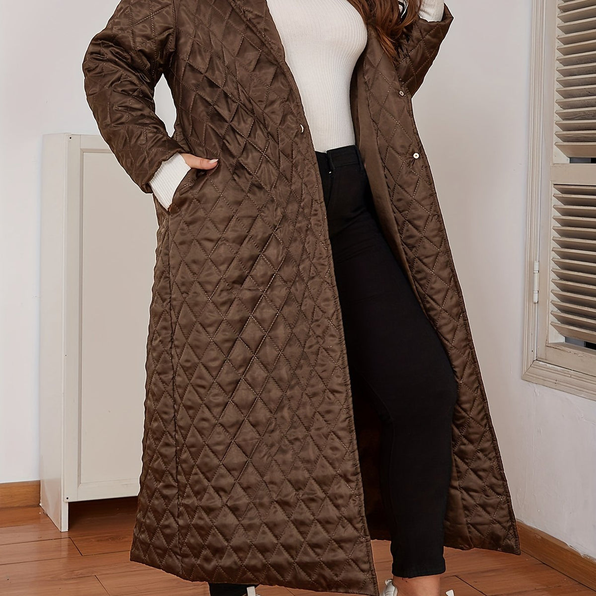 Manteau grande taille, col V, chaleur d'hiver — matière : polyester Image