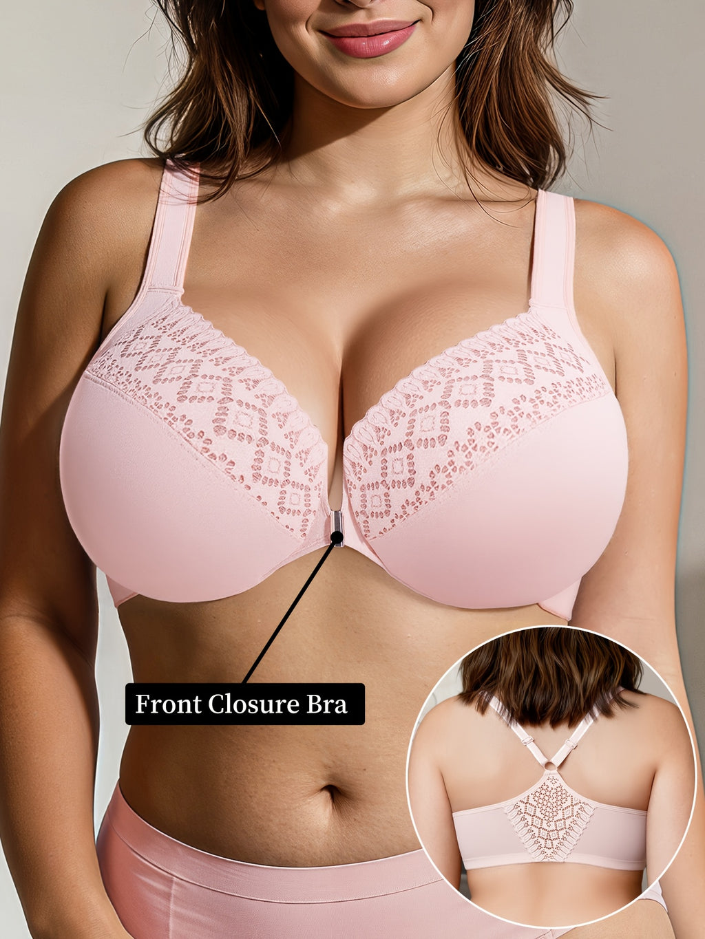 Soutien-gorge grande taille dos nageur, clip devant, dentelle
