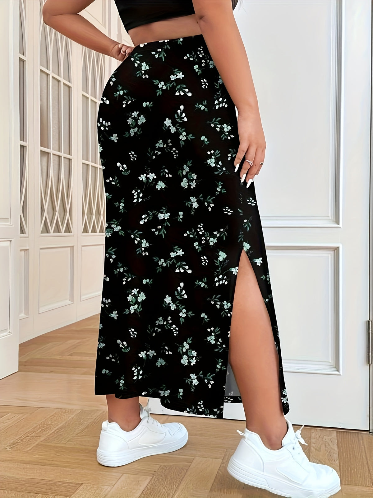 Jupe grande taille à imprimé fleuri, fente, visuel produit