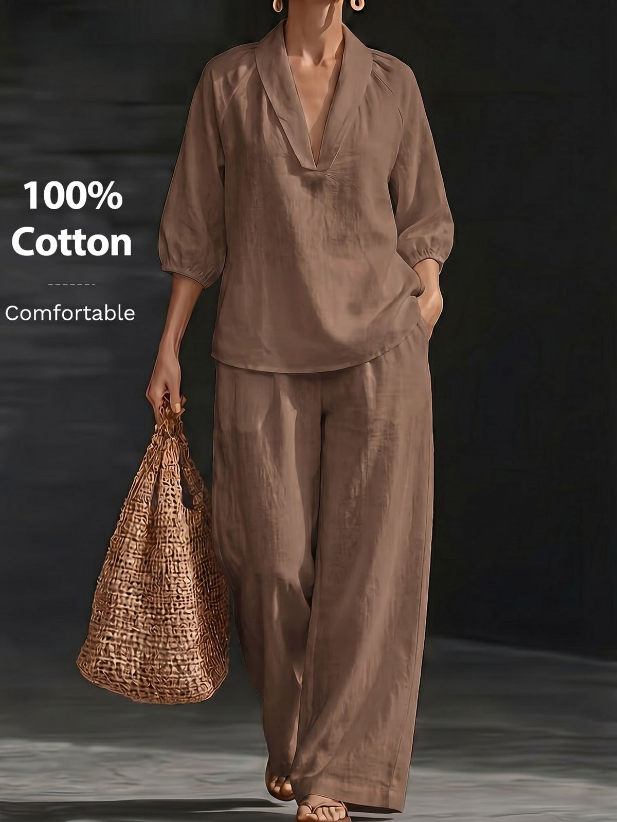 Ensemble grande taille, coupe ample, poches pratiques, toucher naturel, vue de profil