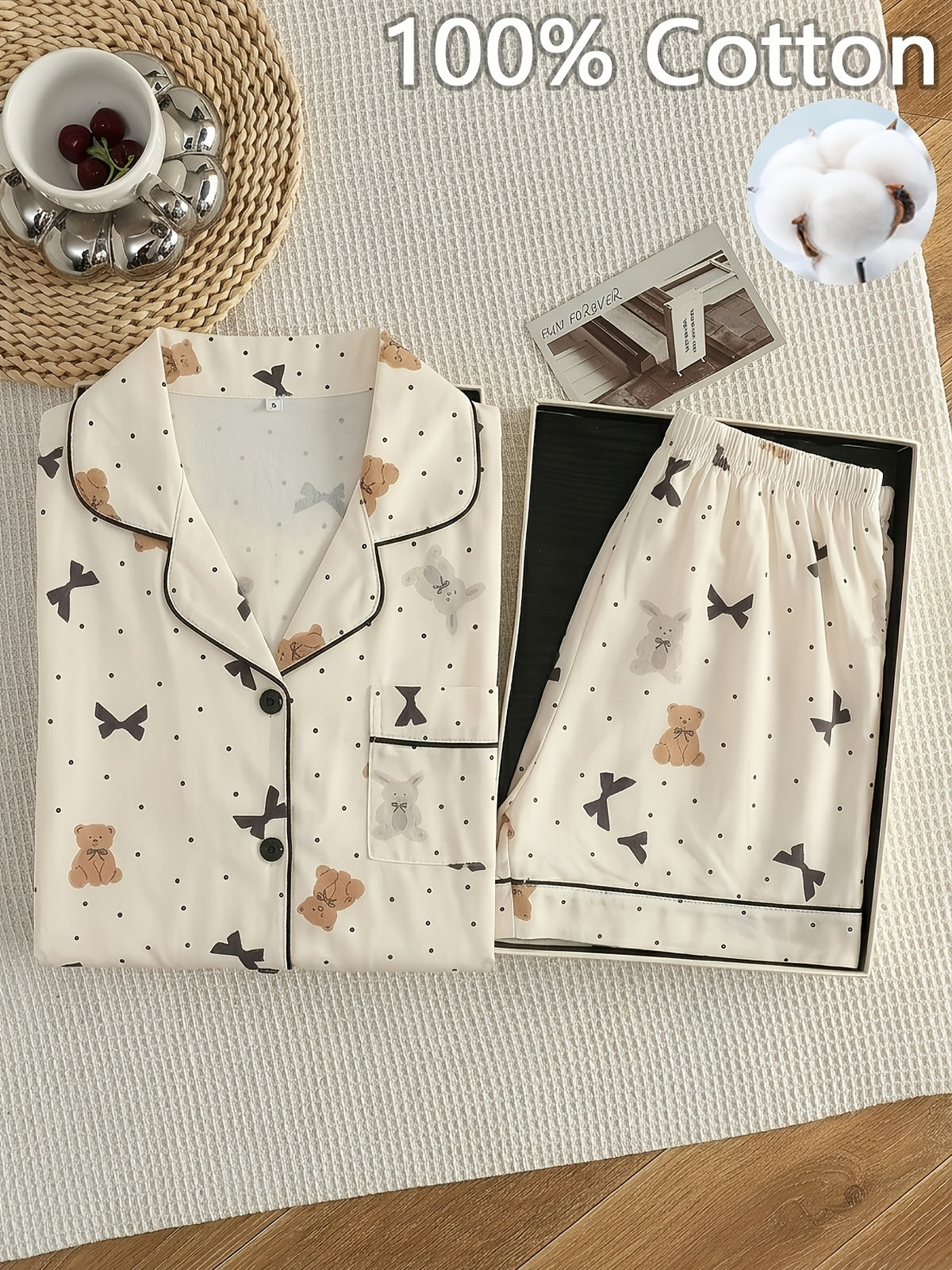 Pyjama grande taille à pois, manches courtes, toucher naturel, tissu opaque