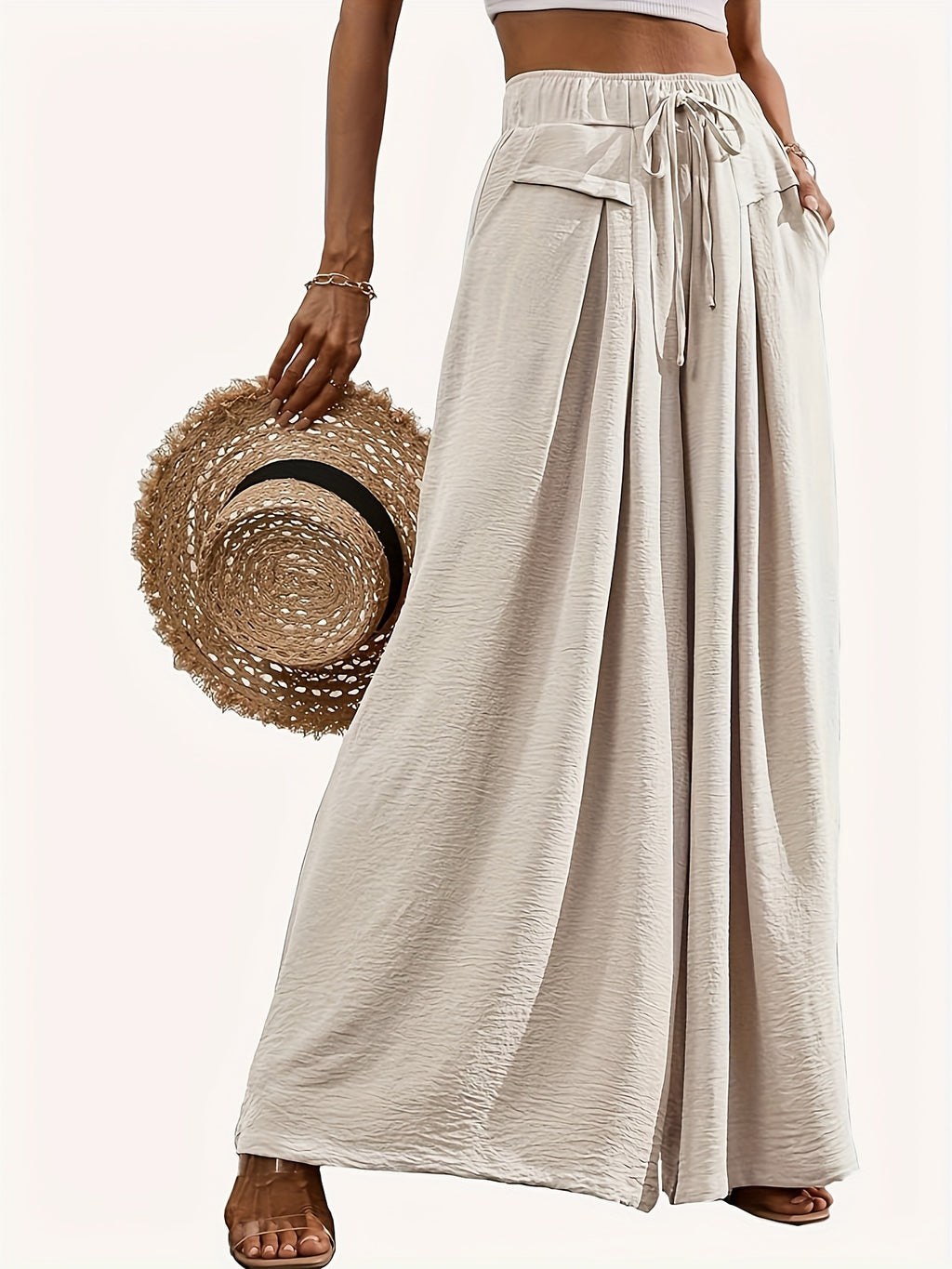 Pantalon grande taille, coupe évasée, cordon de serrage
