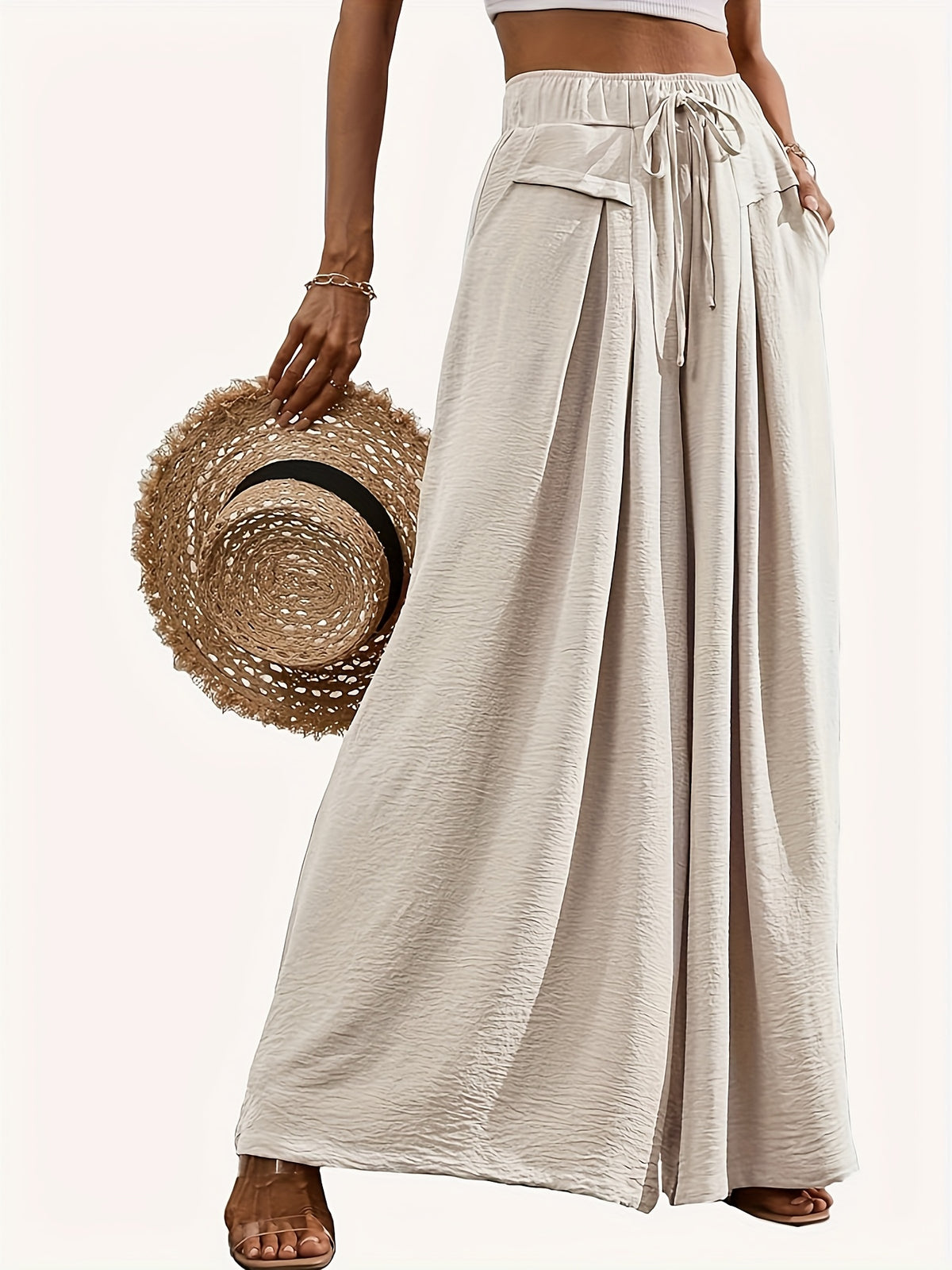 Pantalon grande taille, coupe évasée, cordon de serrage