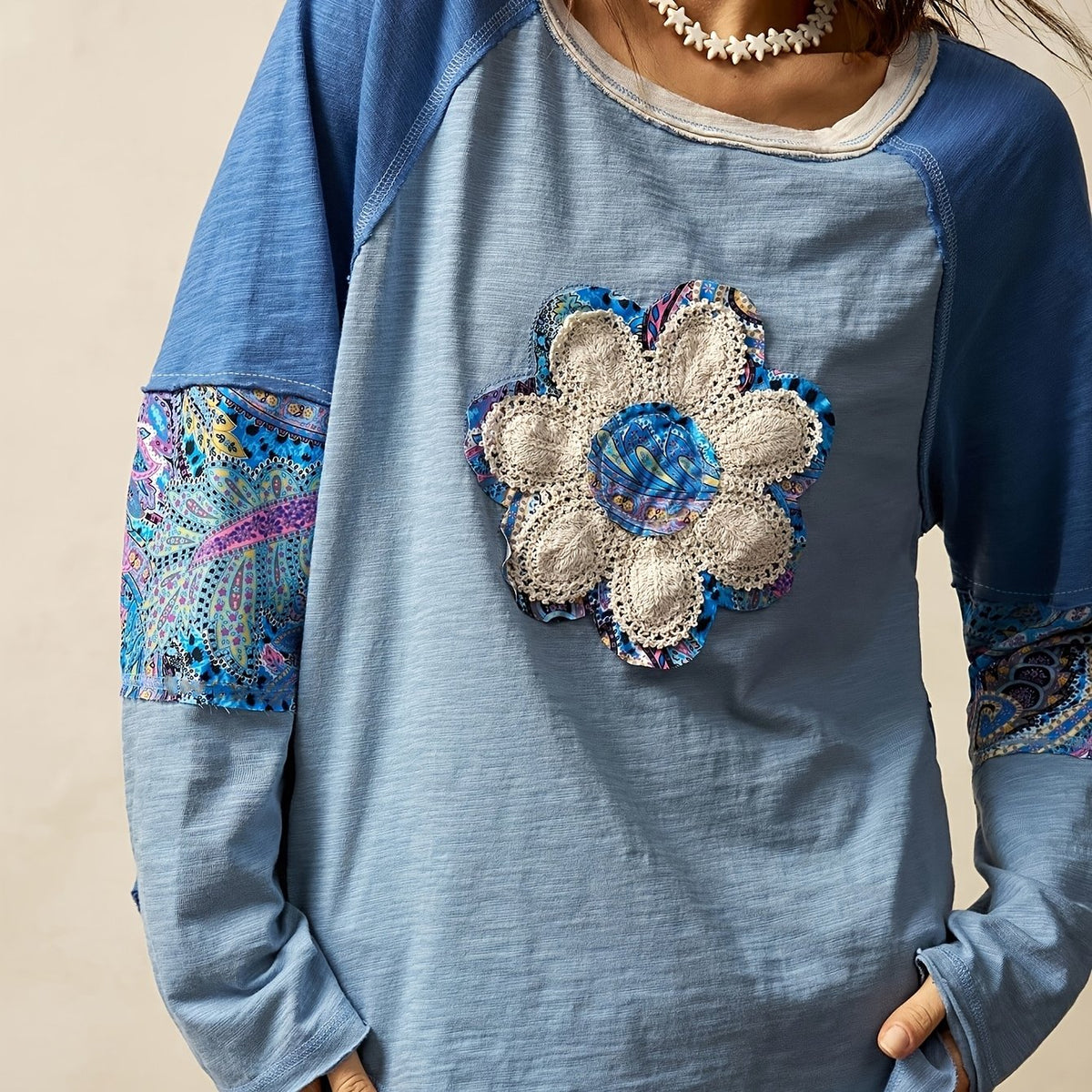 T-shirt grande taille, col rond, manches longues — matière : polyester