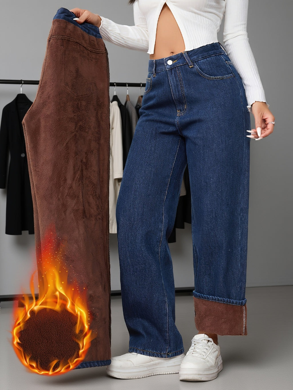 Pantalon grande taille, coupe droite, toucher naturel, délavage, vue de profil