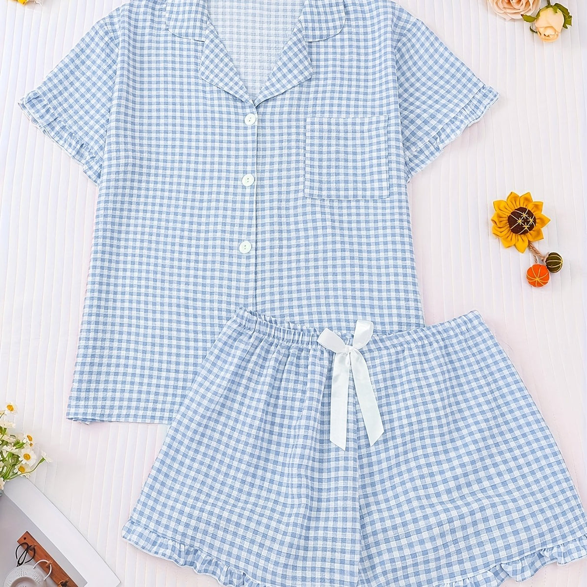 Pyjama grande taille à carreaux, manches courtes — matière : polyester Image